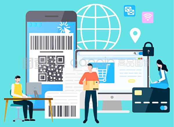 有支付保障的智能手機和計算機,購物和送貨。網上支付系統(tǒng),帶筆記本電腦的字符。平面卡通風格的矢量插圖。國際商務現代技術小工具